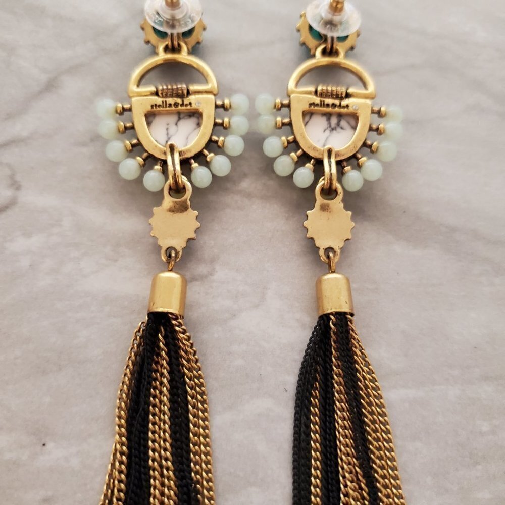 ✨ Stella and Dot Turquoise Marble Chain Tassel Totem Statement Earrings ✨ - Picture 8 of 11